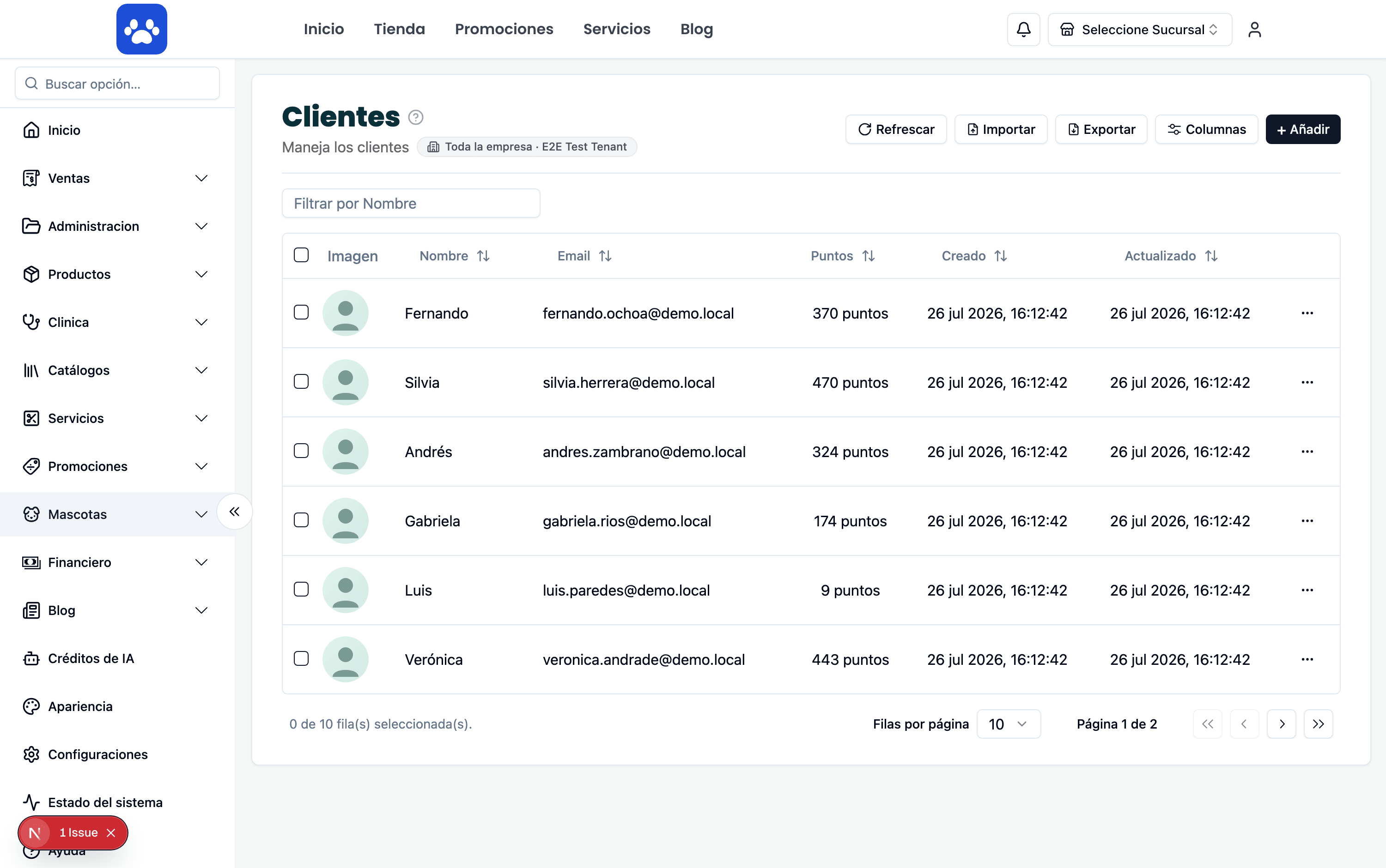 Client database — Real screenshot of the system