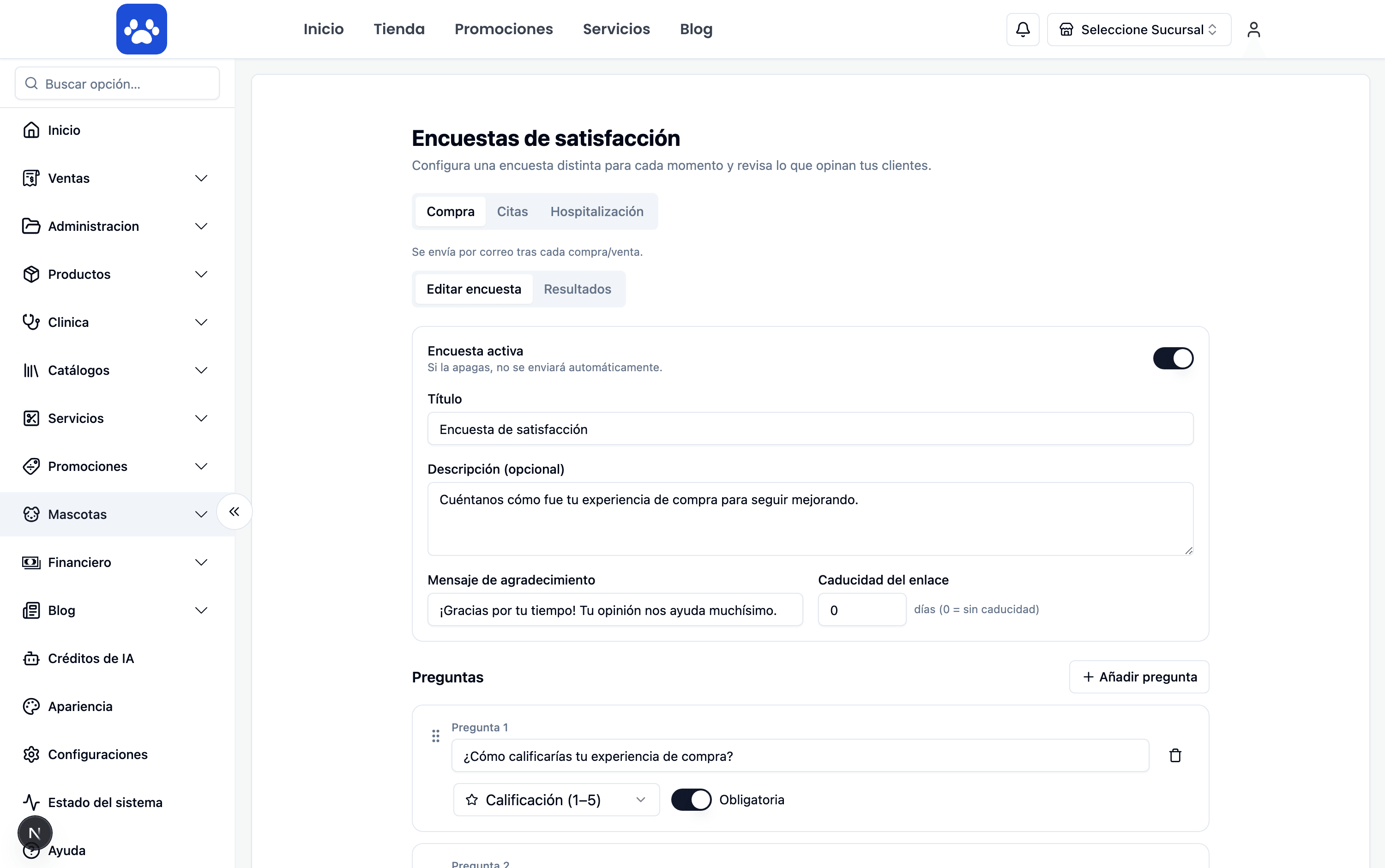 Satisfaction surveys — Real screenshot of the system