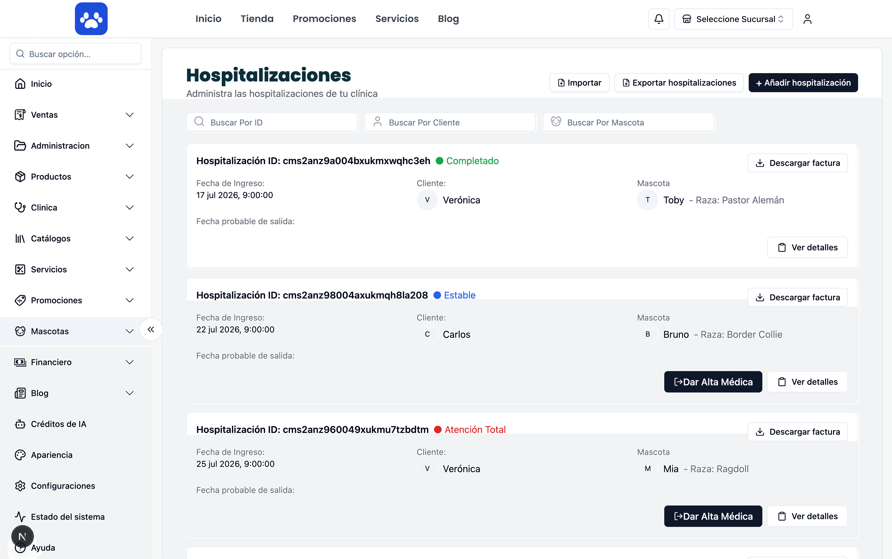 Hospitalización — Captura real del sistema
