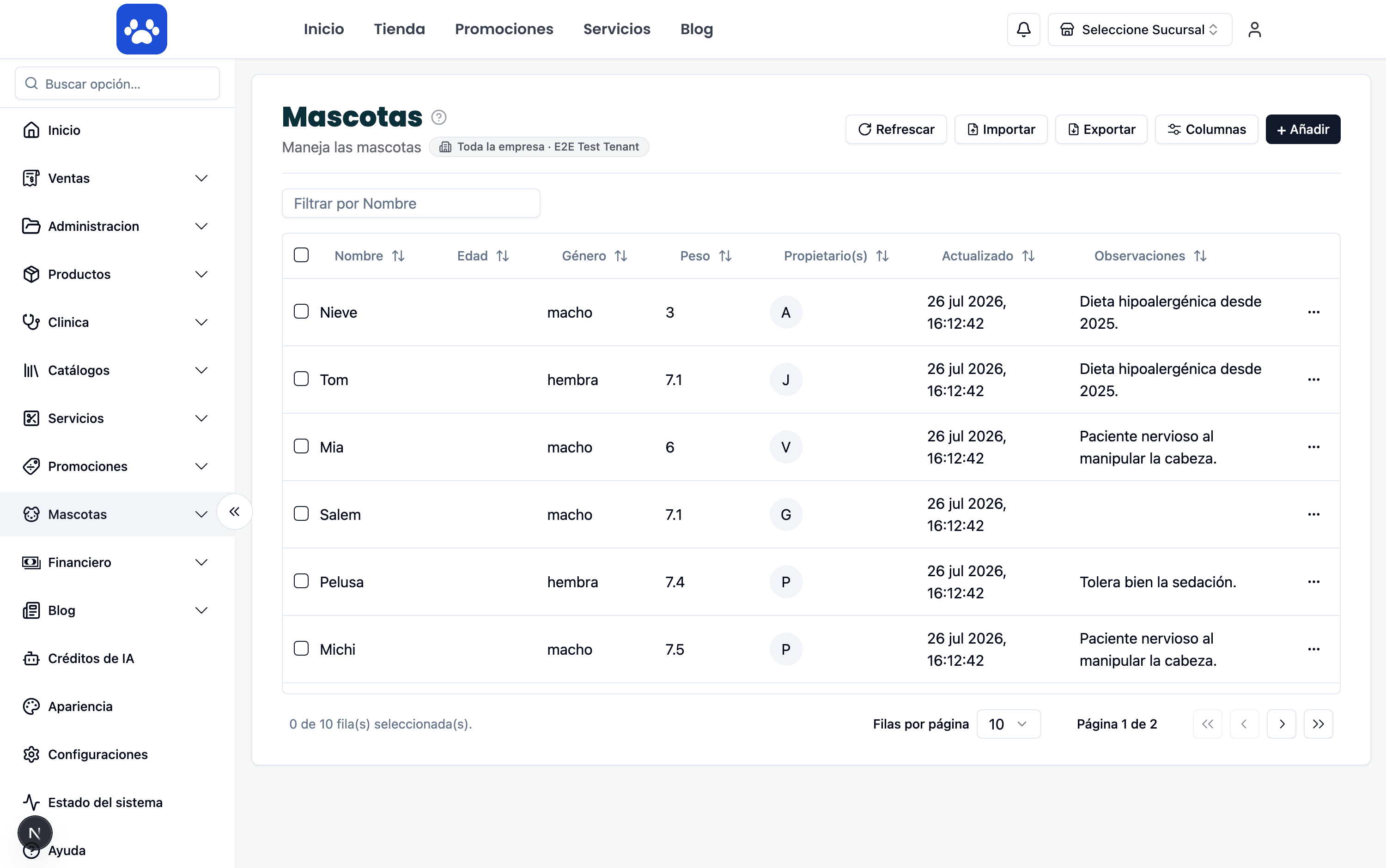 Patients & species — Real screenshot of the system