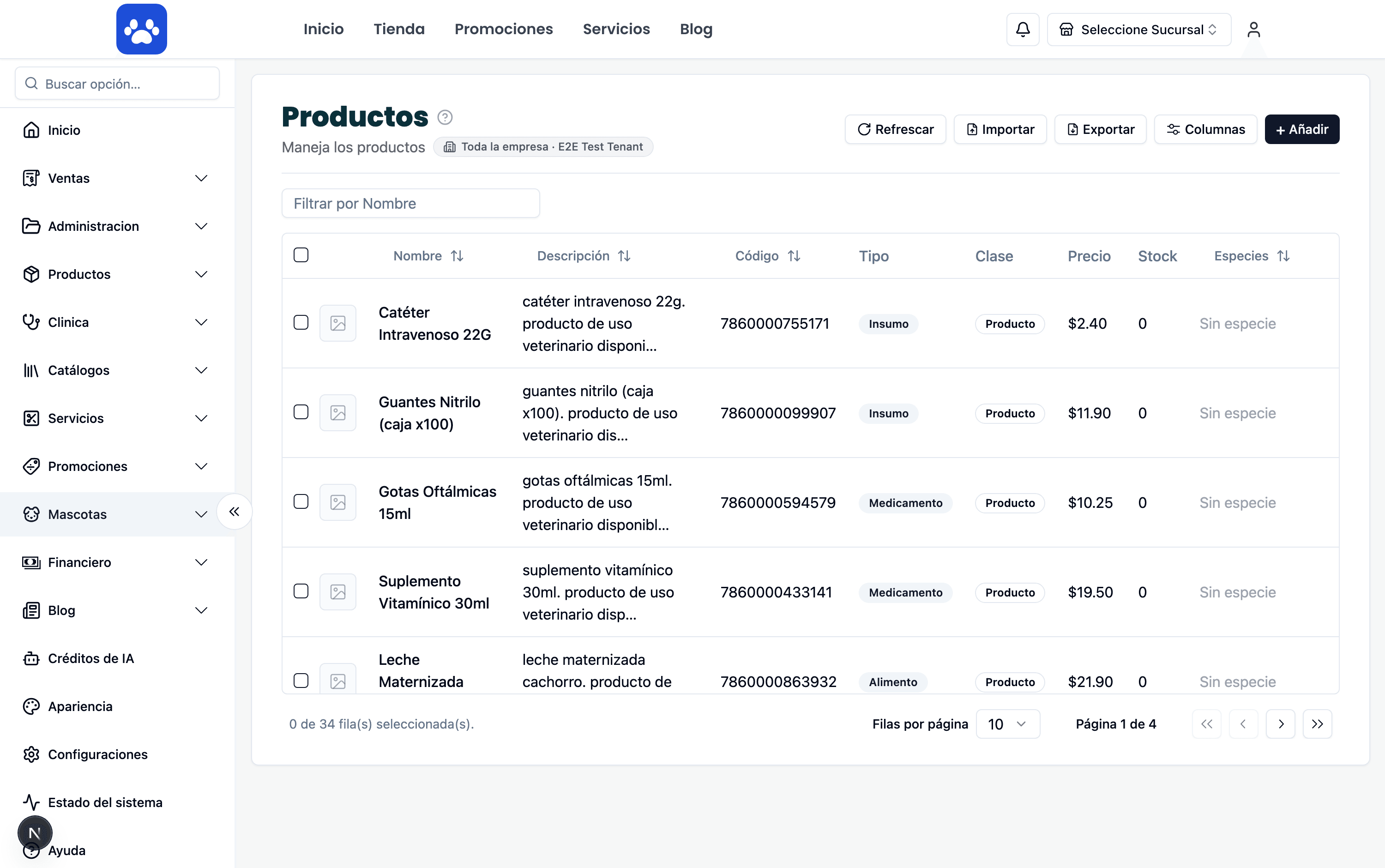 Product catalog — Real screenshot of the system
