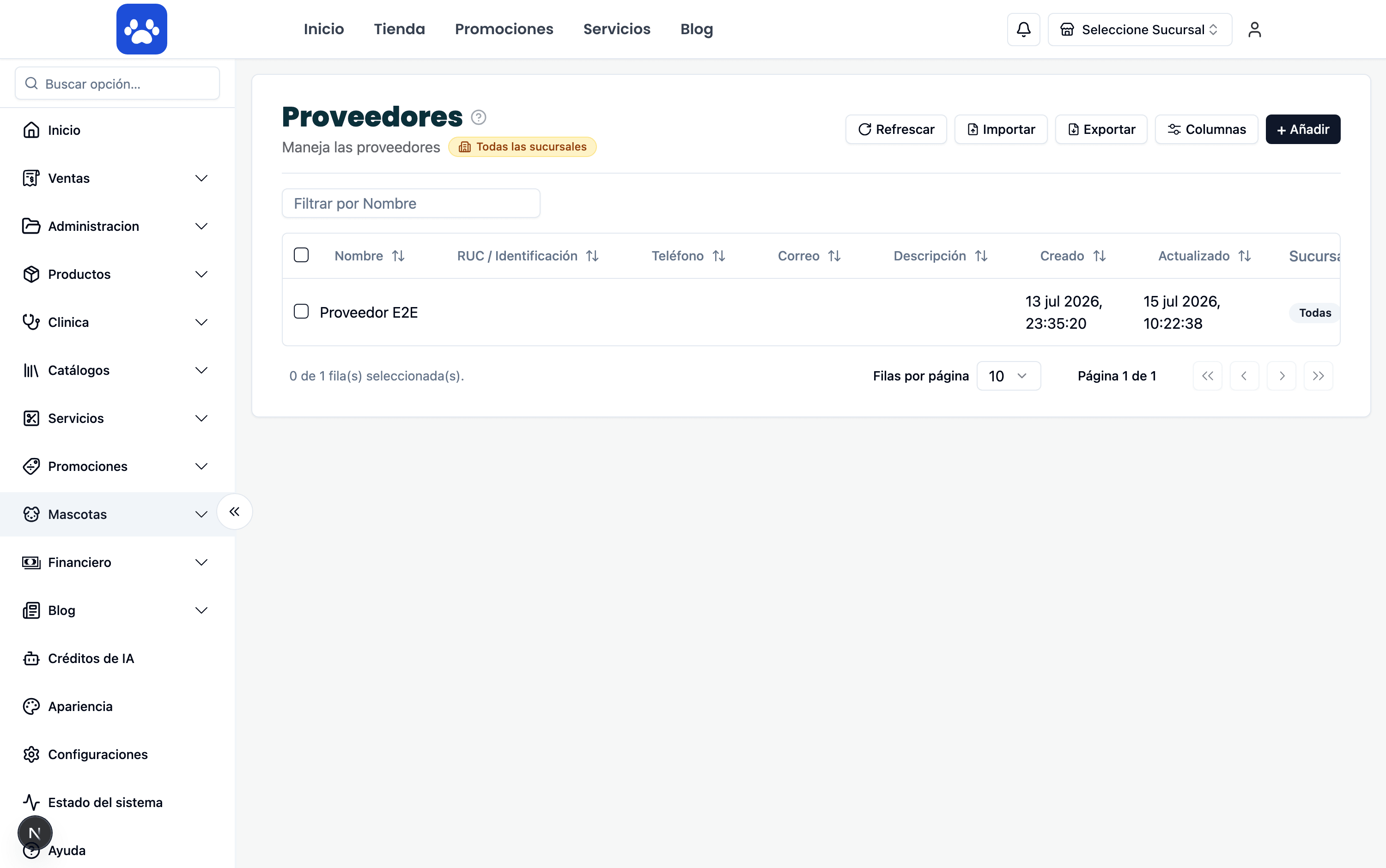 Suppliers & purchasing — Real screenshot of the system