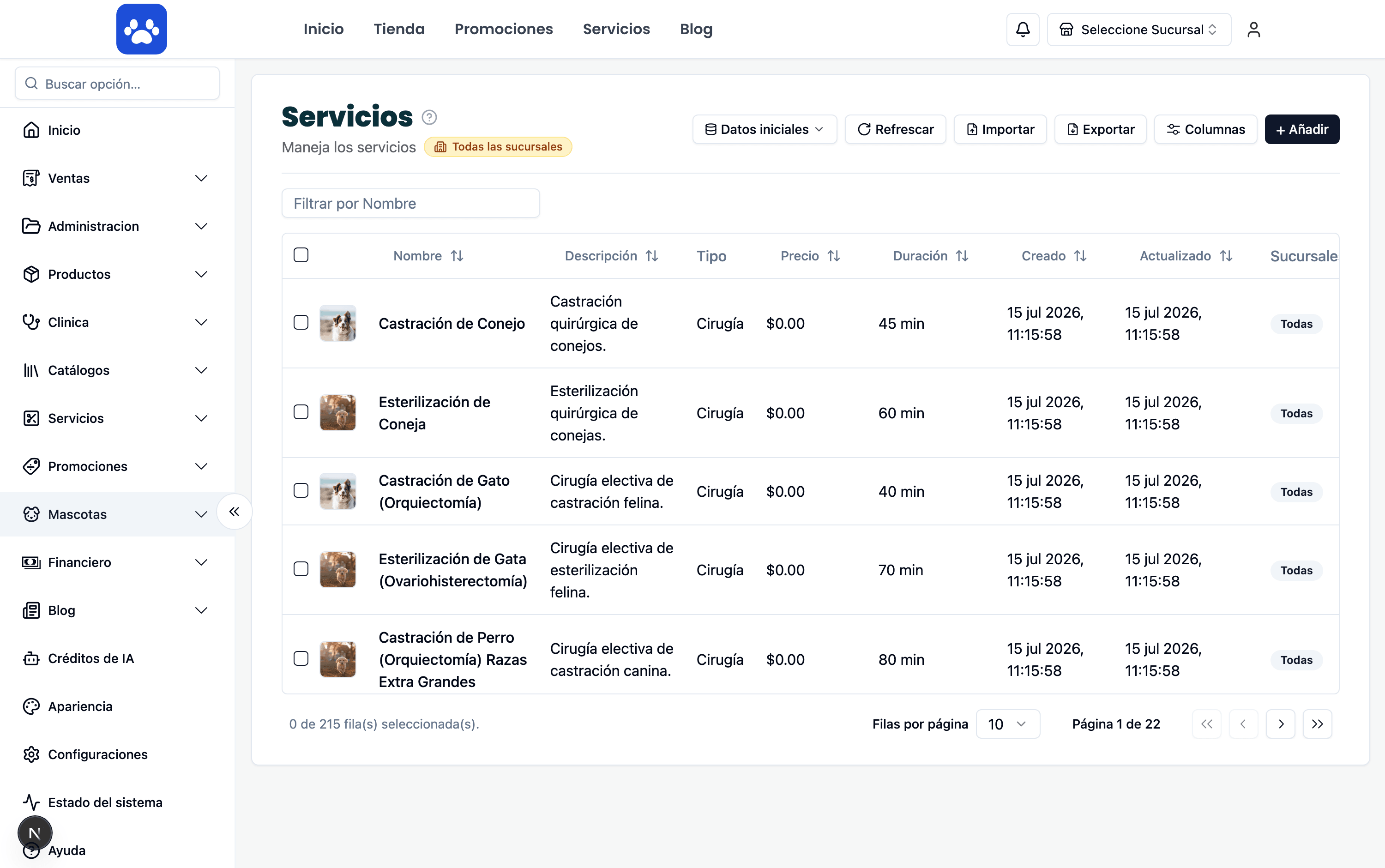 Services & service types — Real screenshot of the system